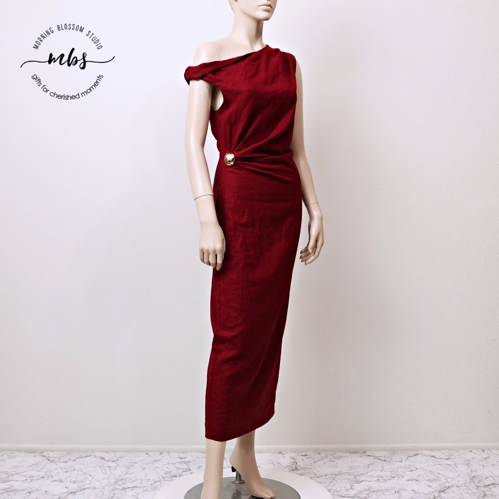 NWT Zara Asymmetric One Shoulder Linen Blend Unlined Midi Dress Burgundy Women S